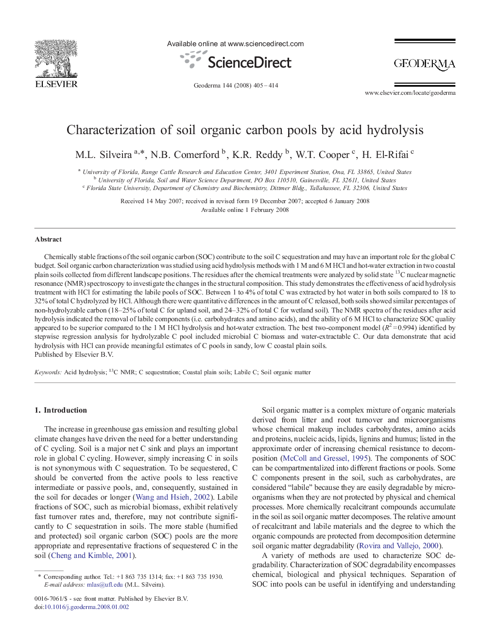 Characterization of soil organic carbon pools by acid hydrolysis