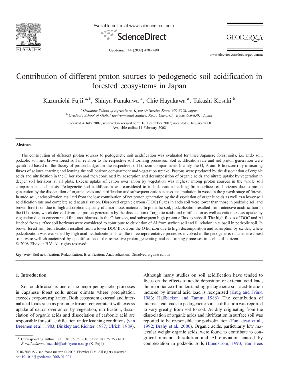 Contribution of different proton sources to pedogenetic soil acidification in forested ecosystems in Japan