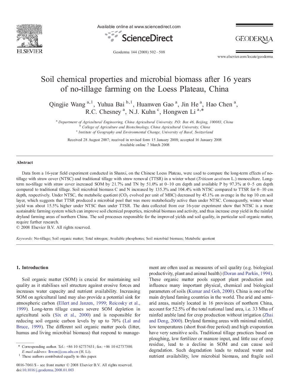 Soil chemical properties and microbial biomass after 16 years of no-tillage farming on the Loess Plateau, China