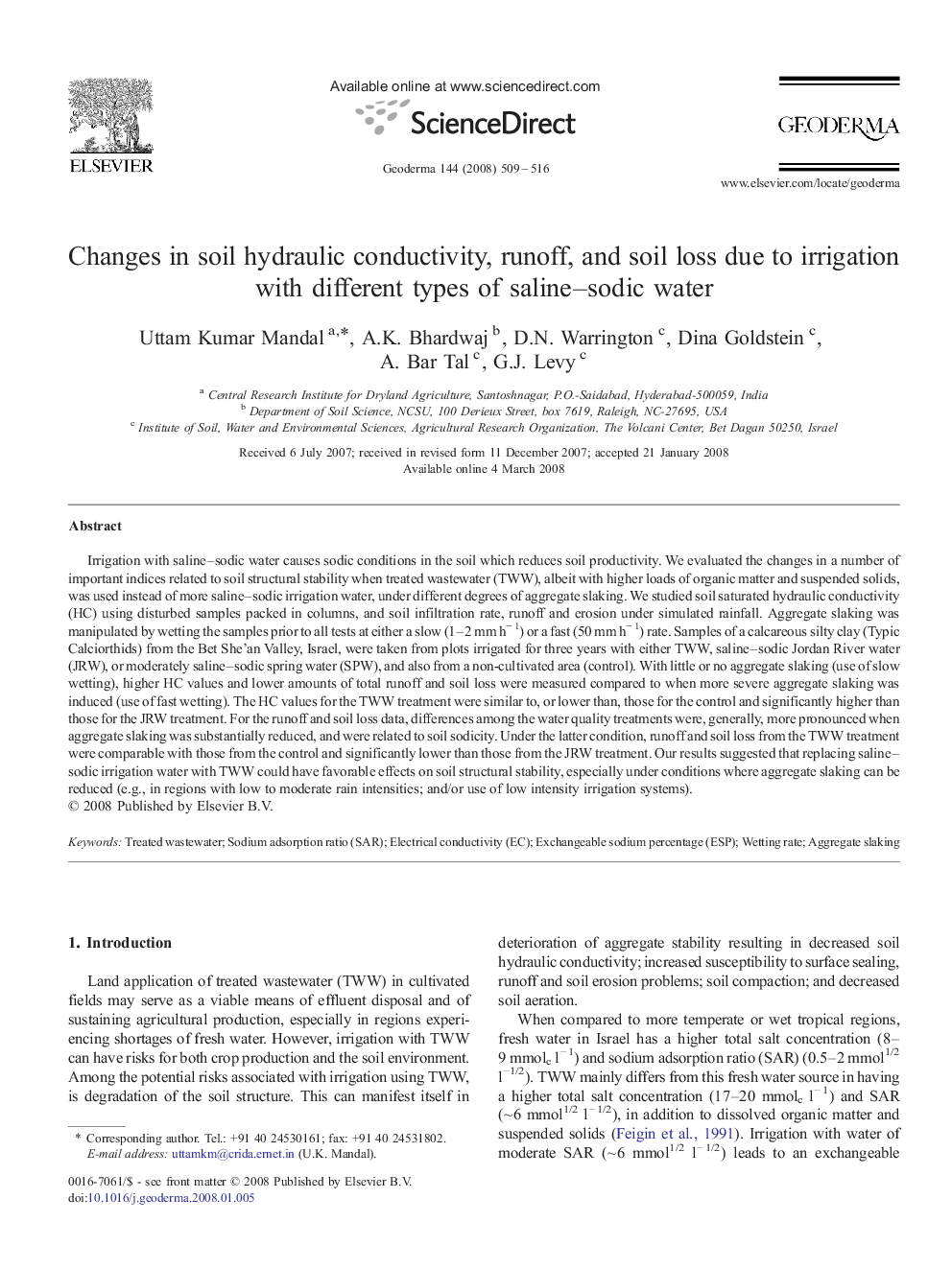 Changes in soil hydraulic conductivity, runoff, and soil loss due to irrigation with different types of saline-sodic water