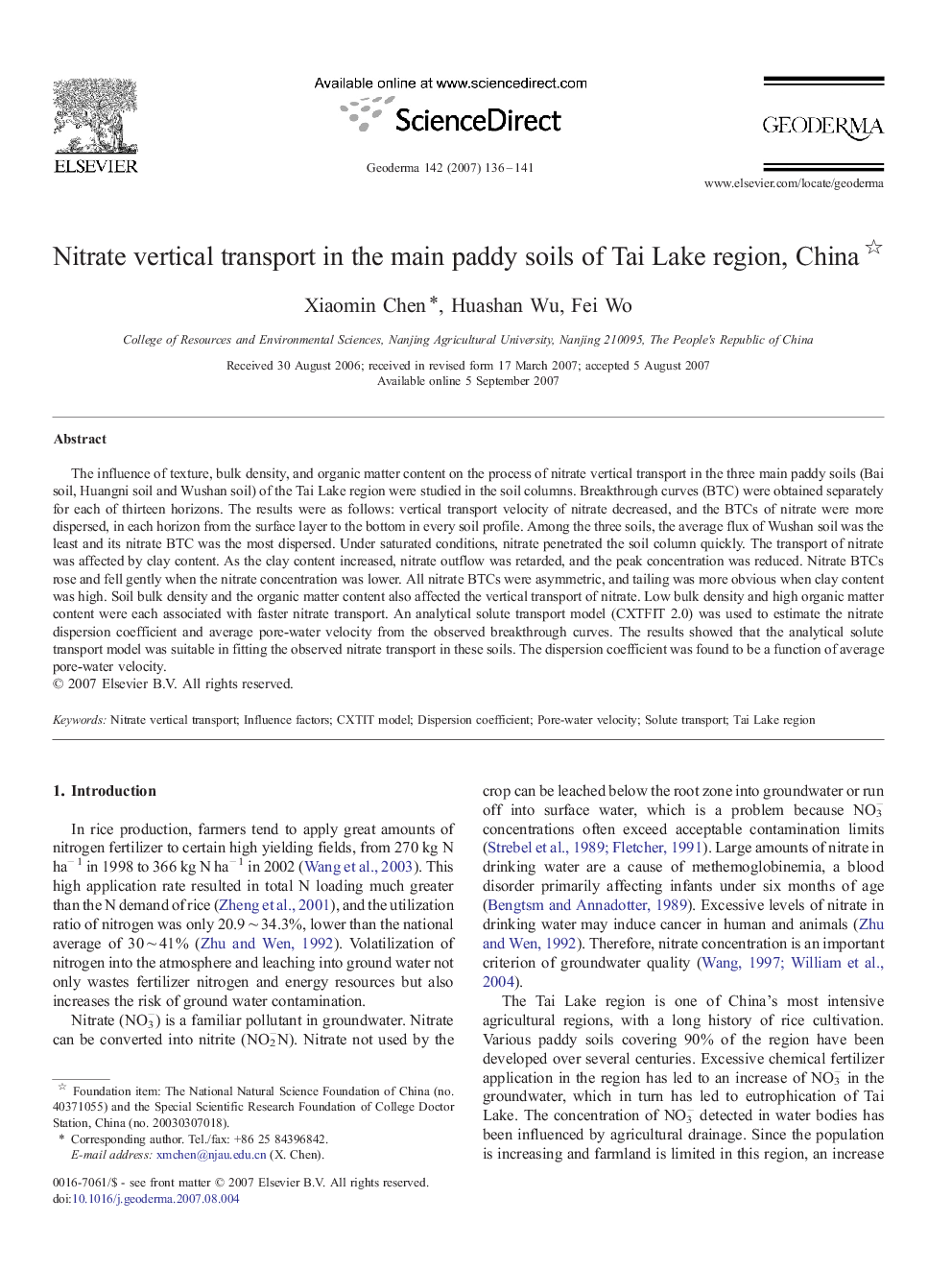 Nitrate vertical transport in the main paddy soils of Tai Lake region, China