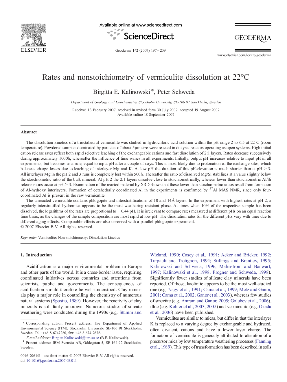 عکس صفحه اول مقاله: Rates and nonstoichiometry of vermiculite dissolution at 22°C Rates and nonstoichiometry of vermiculite dissolution at 22°C