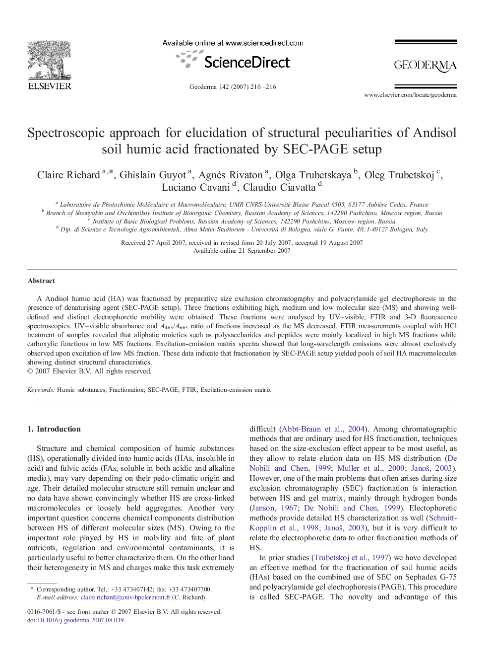 Spectroscopic approach for elucidation of structural peculiarities of Andisol soil humic acid fractionated by SEC-PAGE setup