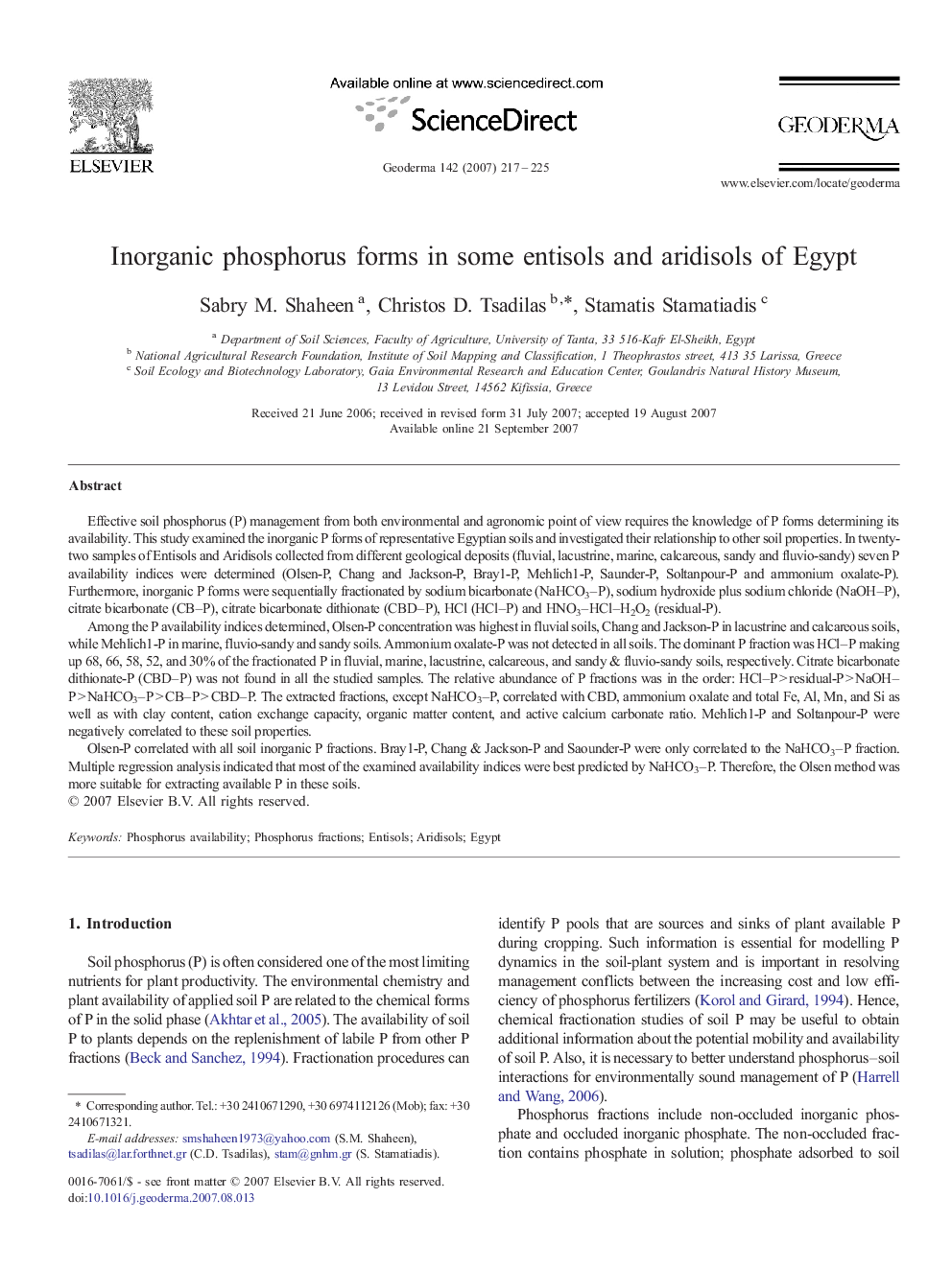 Inorganic phosphorus forms in some entisols and aridisols of Egypt