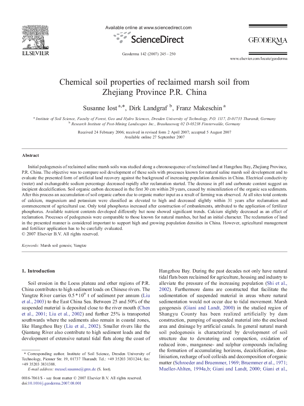 Chemical soil properties of reclaimed marsh soil from Zhejiang Province P.R. China