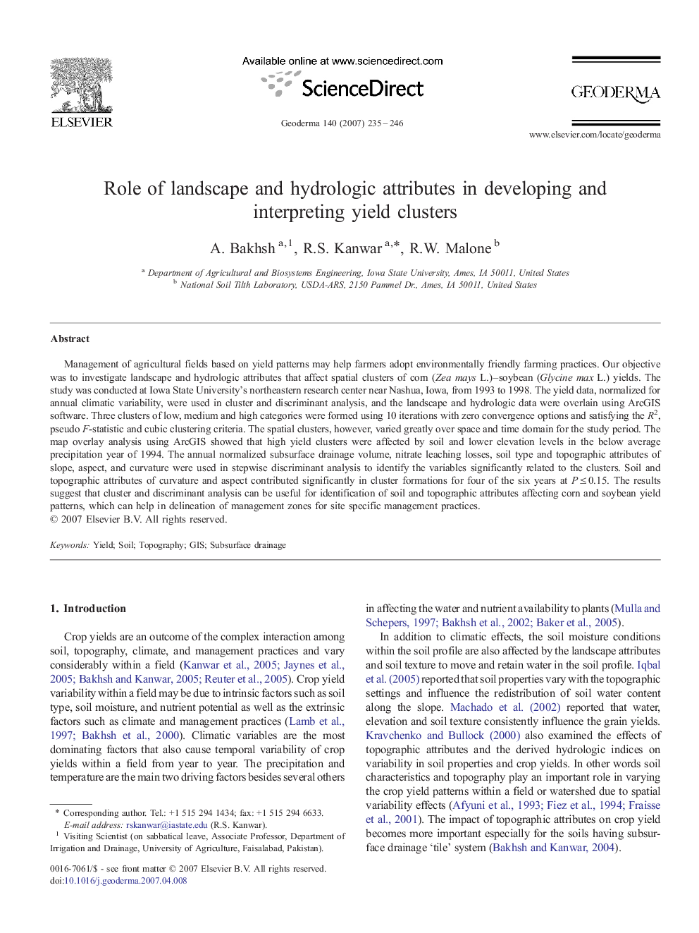 Role of landscape and hydrologic attributes in developing and interpreting yield clusters