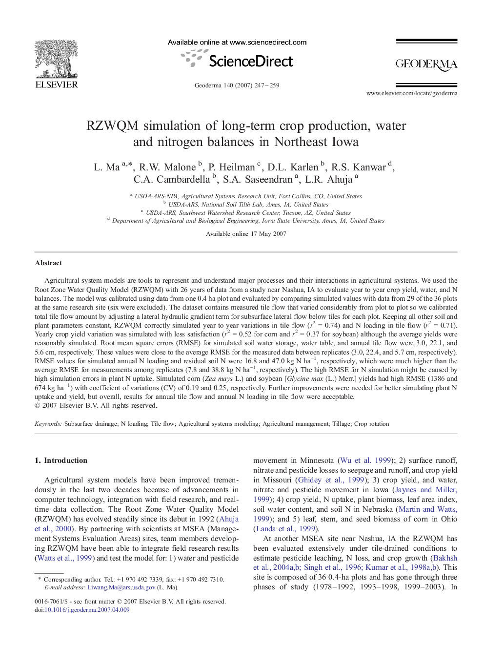 RZWQM simulation of long-term crop production, water and nitrogen balances in Northeast Iowa