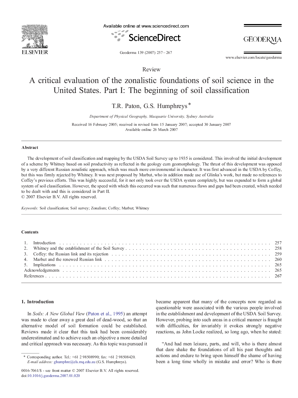 A critical evaluation of the zonalistic foundations of soil science in the United States. Part I: The beginning of soil classification