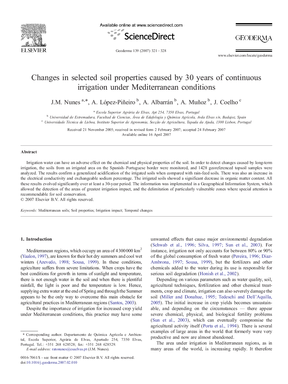 Changes in selected soil properties caused by 30 years of continuous irrigation under Mediterranean conditions