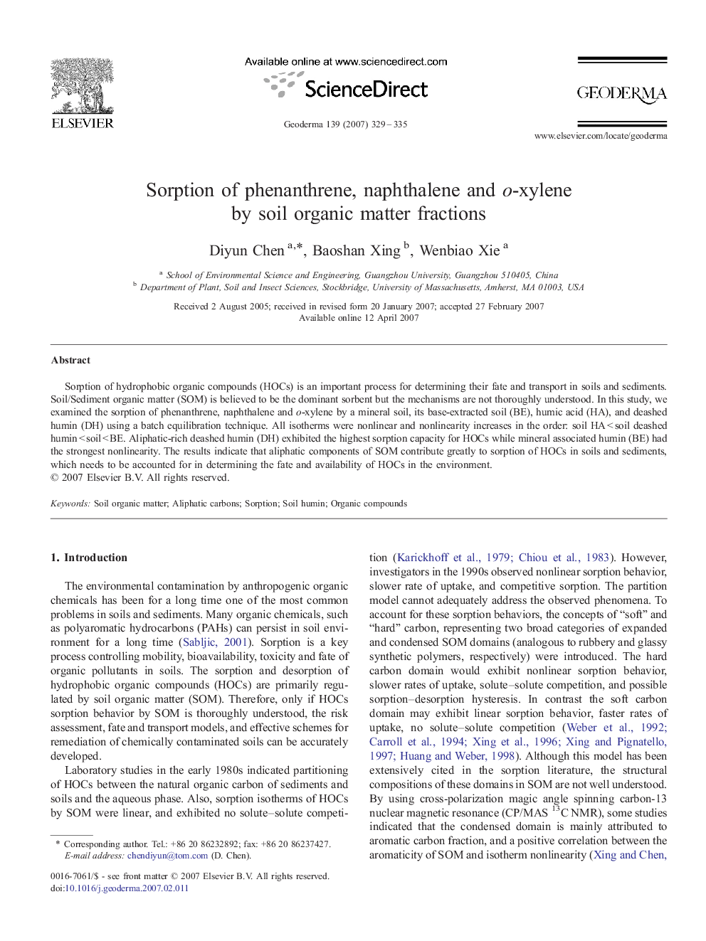 Sorption of phenanthrene, naphthalene and o-xylene by soil organic matter fractions