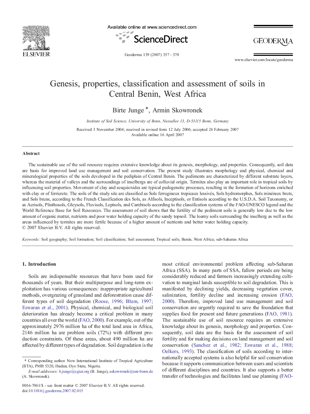 Genesis, properties, classification and assessment of soils in Central Benin, West Africa