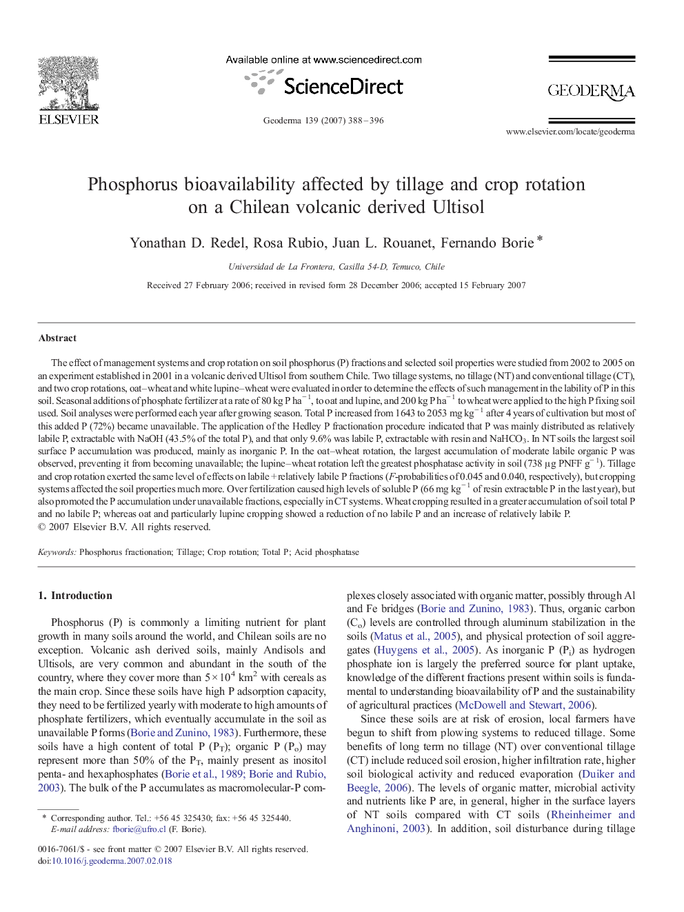 Phosphorus bioavailability affected by tillage and crop rotation on a Chilean volcanic derived Ultisol