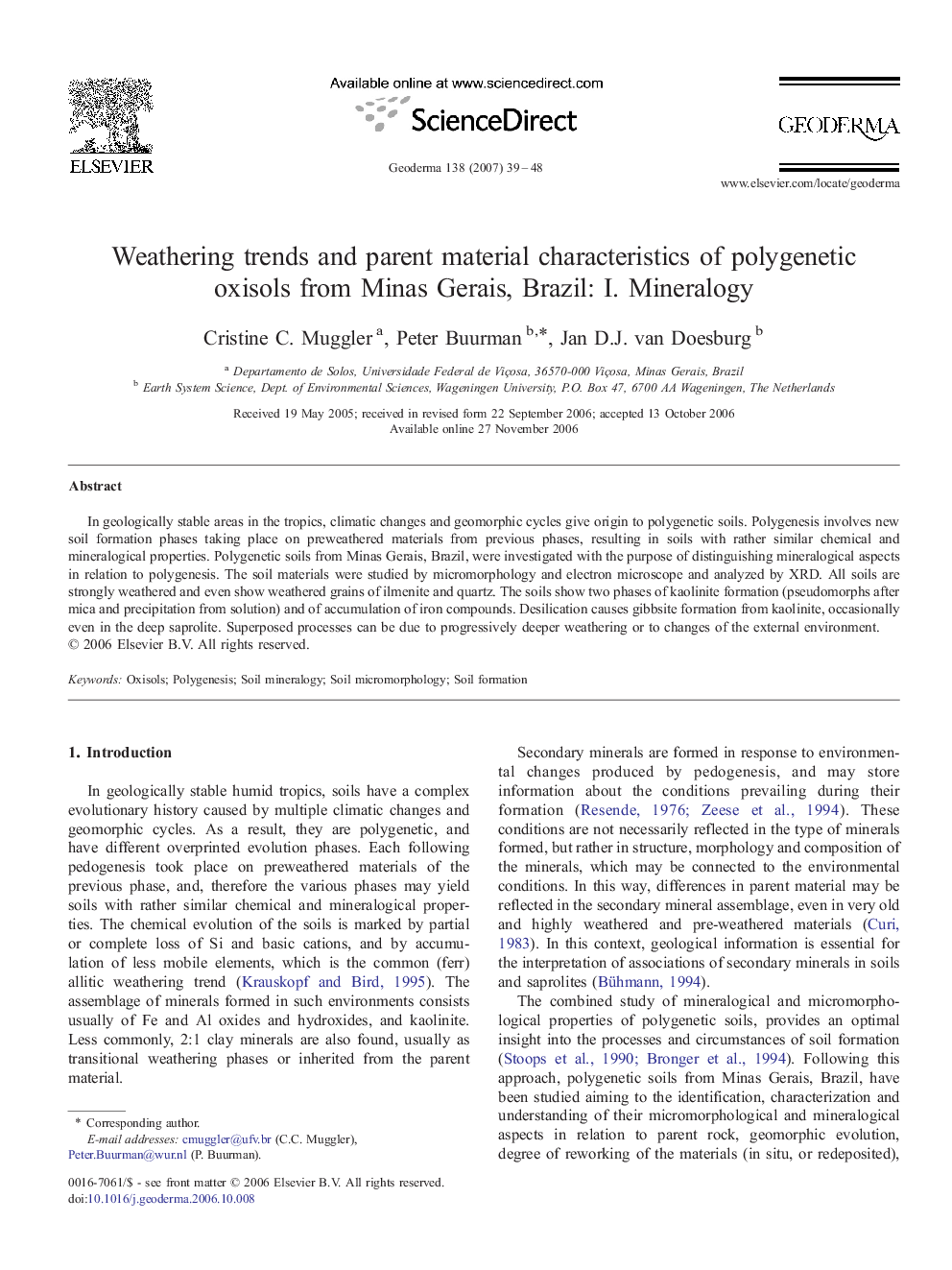 Weathering trends and parent material characteristics of polygenetic oxisols from Minas Gerais, Brazil: I. Mineralogy