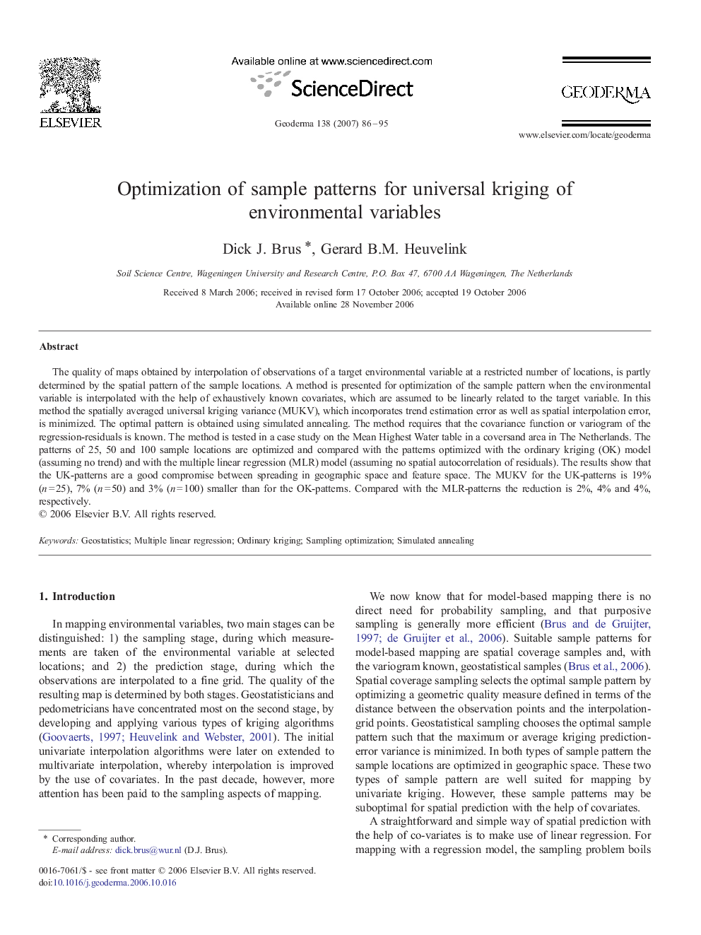 Optimization of sample patterns for universal kriging of environmental variables