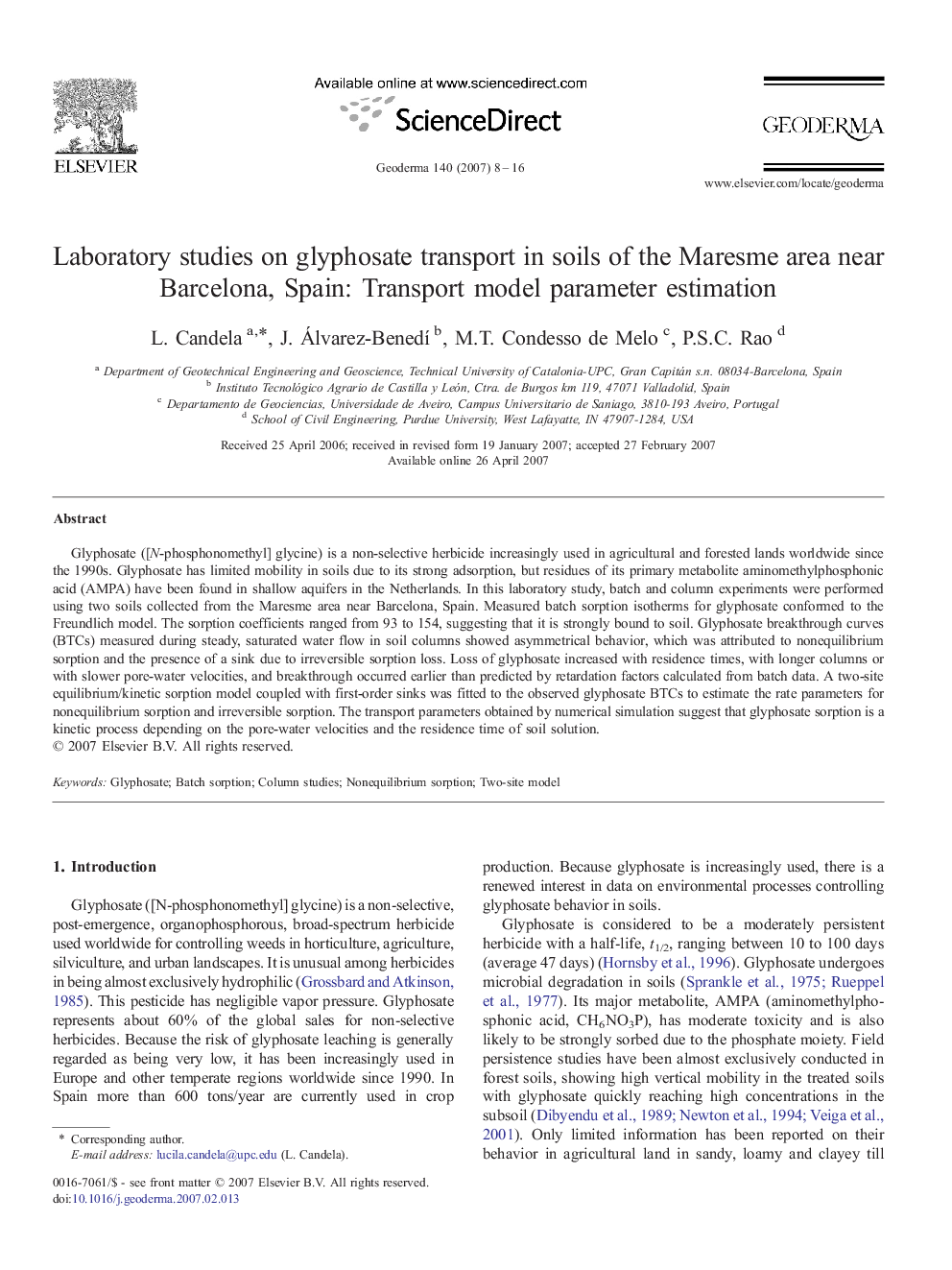 Laboratory studies on glyphosate transport in soils of the Maresme area near Barcelona, Spain: Transport model parameter estimation