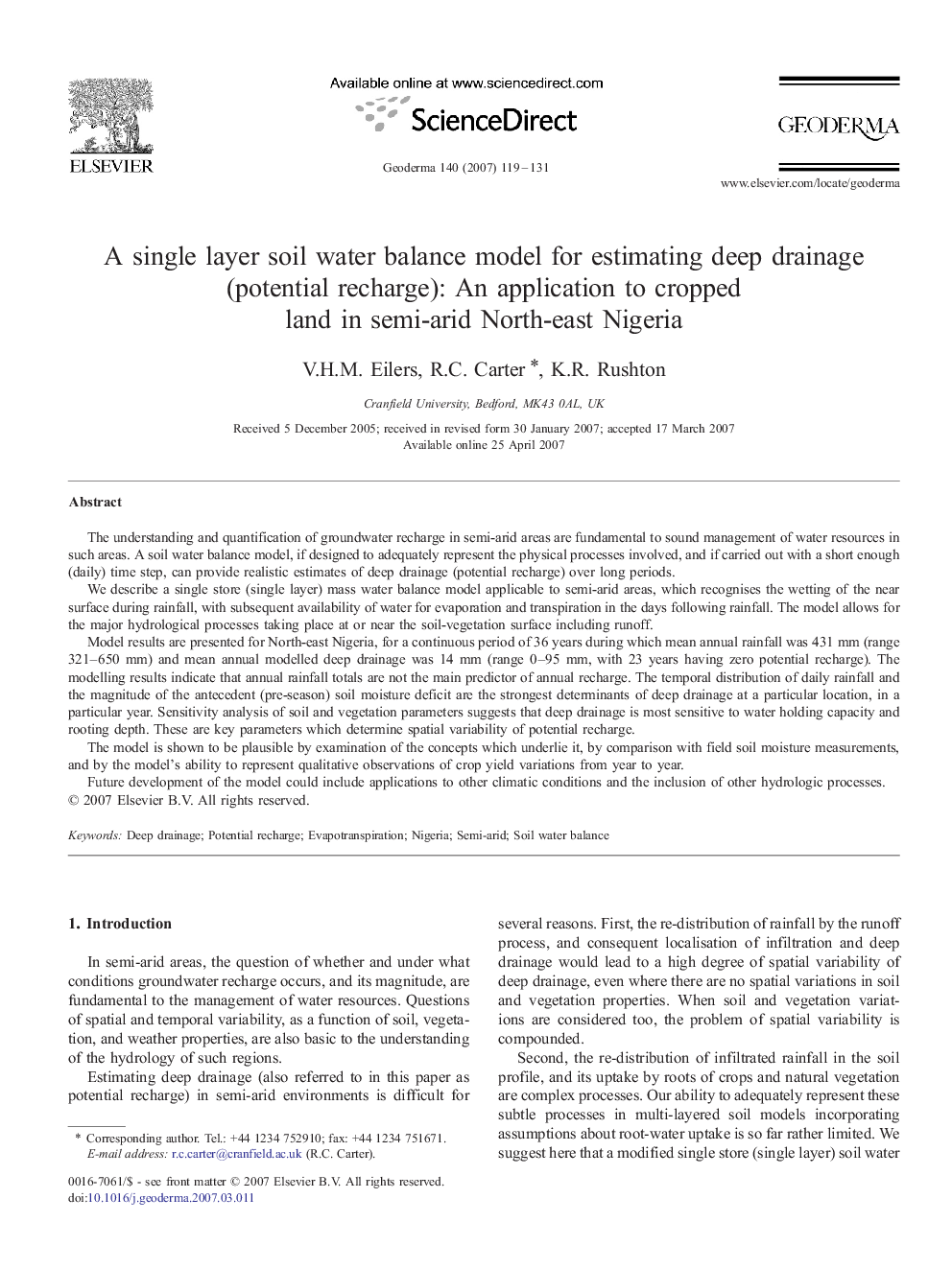 A single layer soil water balance model for estimating deep drainage (potential recharge): An application to cropped land in semi-arid North-east Nigeria