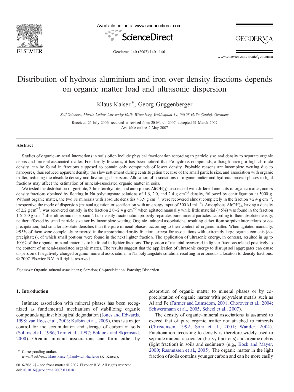 Distribution of hydrous aluminium and iron over density fractions depends on organic matter load and ultrasonic dispersion