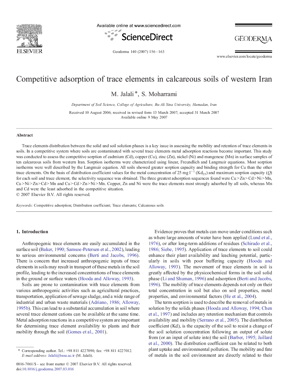 Competitive adsorption of trace elements in calcareous soils of western Iran