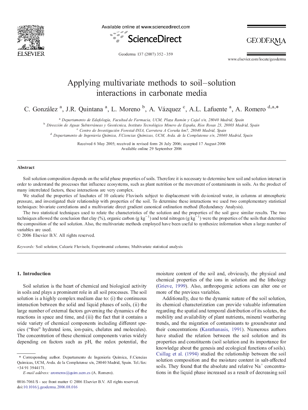 Applying multivariate methods to soil–solution interactions in carbonate media