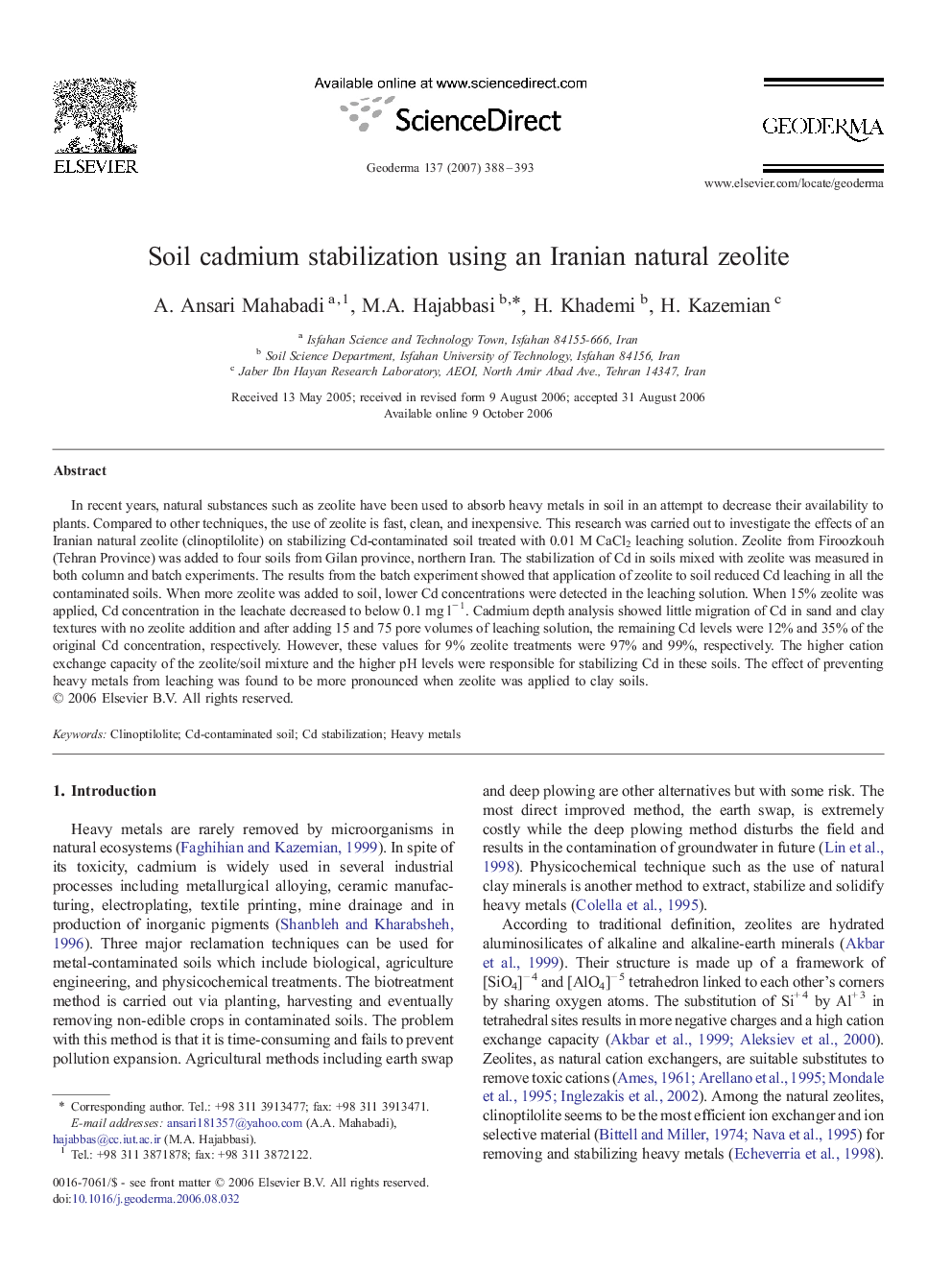 Soil cadmium stabilization using an Iranian natural zeolite