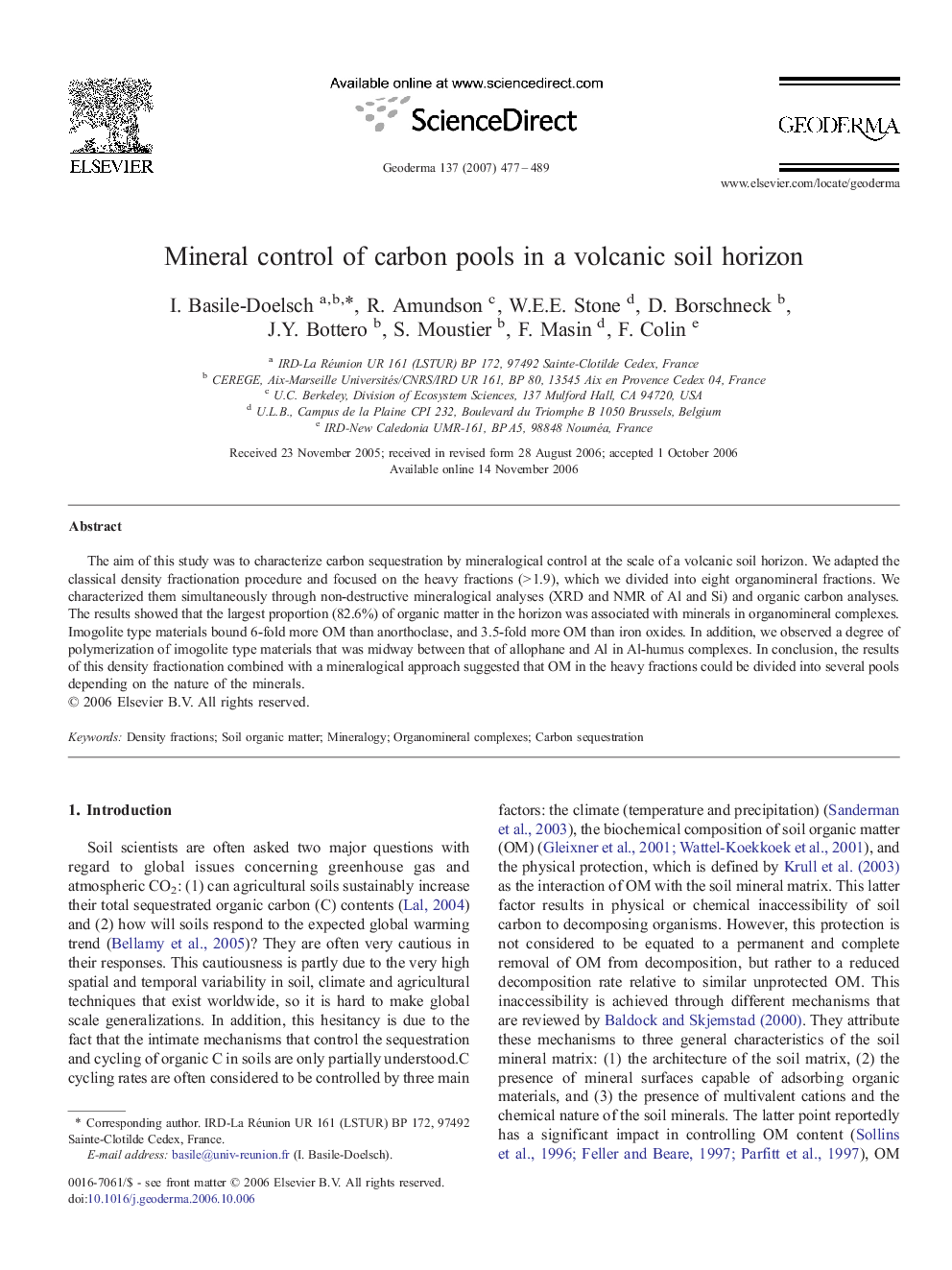 Mineral control of carbon pools in a volcanic soil horizon