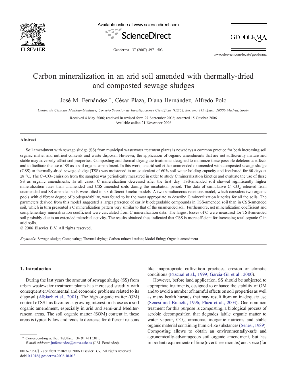 Carbon mineralization in an arid soil amended with thermally-dried and composted sewage sludges