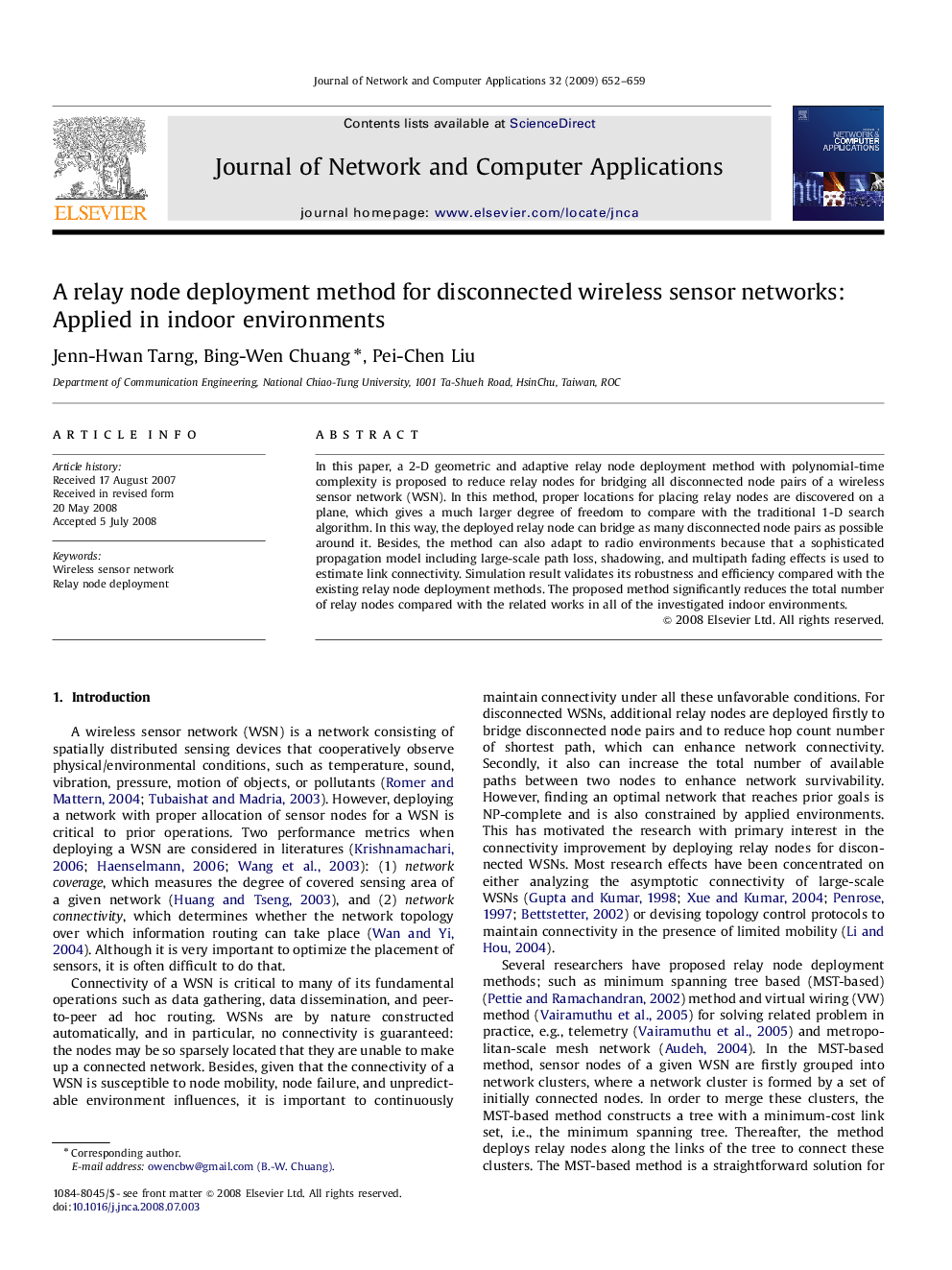 A relay node deployment method for disconnected wireless sensor networks: Applied in indoor environments