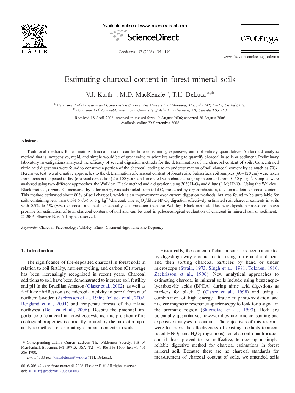 Estimating charcoal content in forest mineral soils