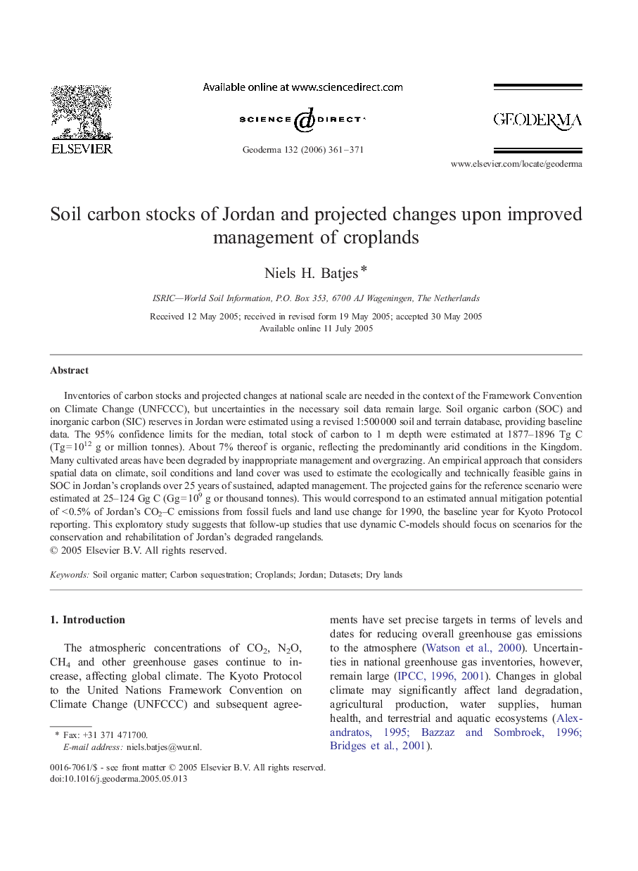 Soil carbon stocks of Jordan and projected changes upon improved management of croplands