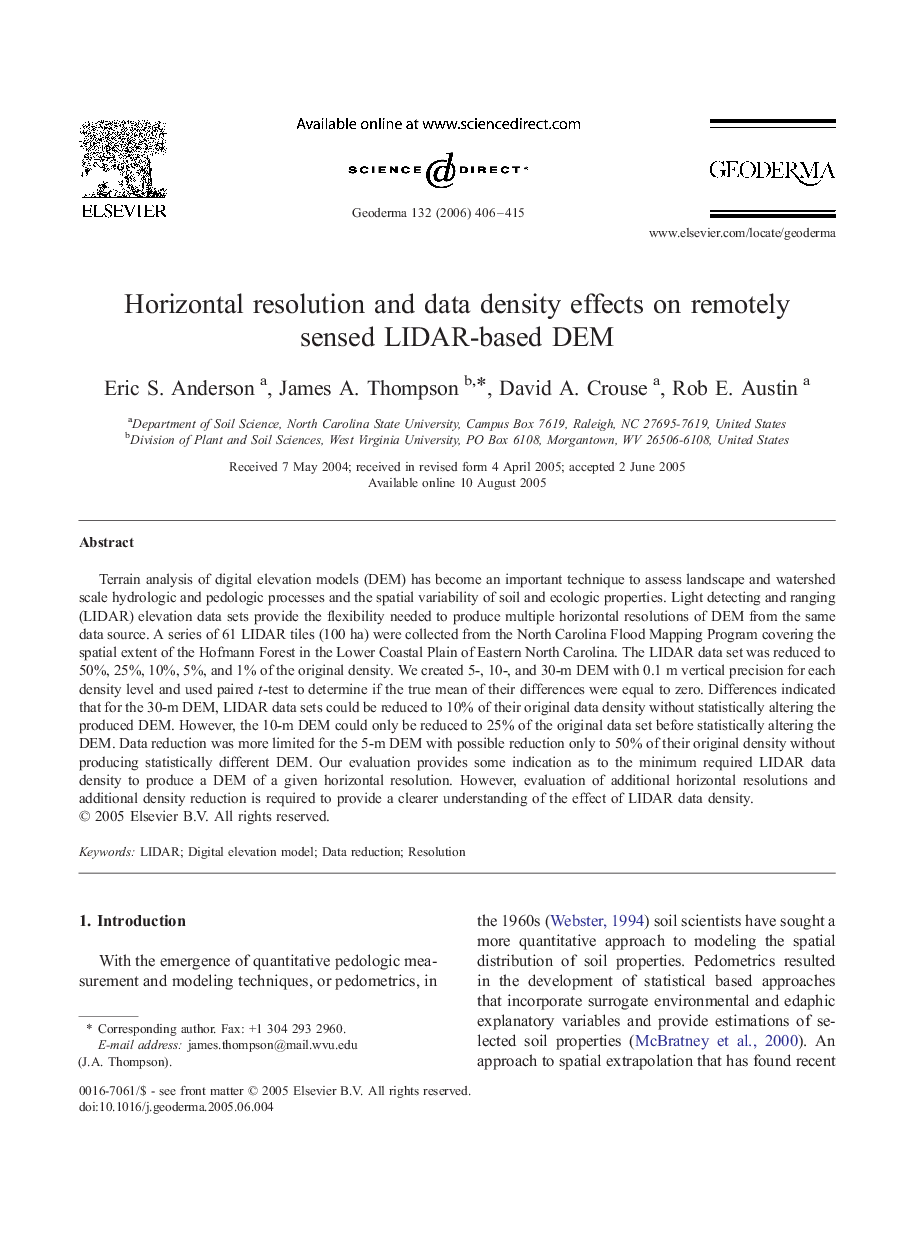 Horizontal resolution and data density effects on remotely sensed LIDAR-based DEM