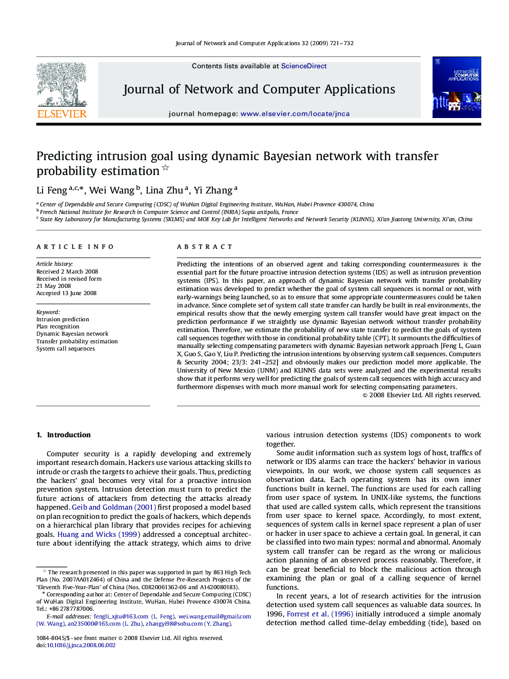 Predicting intrusion goal using dynamic Bayesian network with transfer probability estimation 