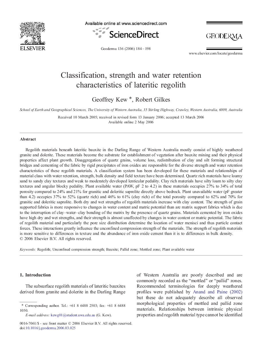 Classification, strength and water retention characteristics of lateritic regolith