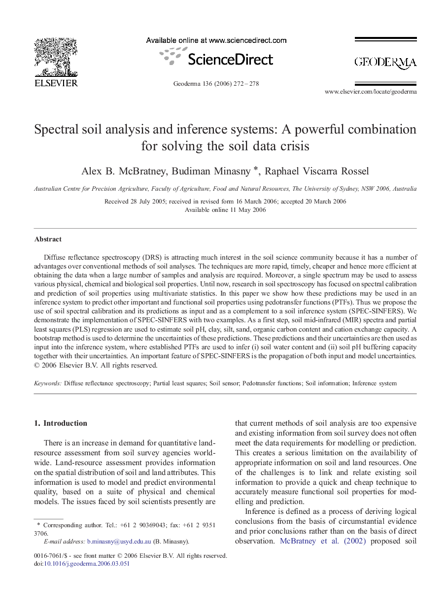 Spectral soil analysis and inference systems: A powerful combination for solving the soil data crisis