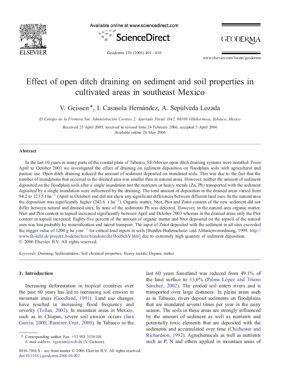 Effect of open ditch draining on sediment and soil properties in cultivated areas in southeast Mexico