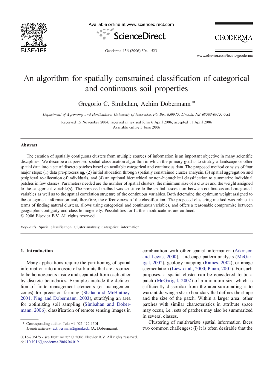 An algorithm for spatially constrained classification of categorical and continuous soil properties