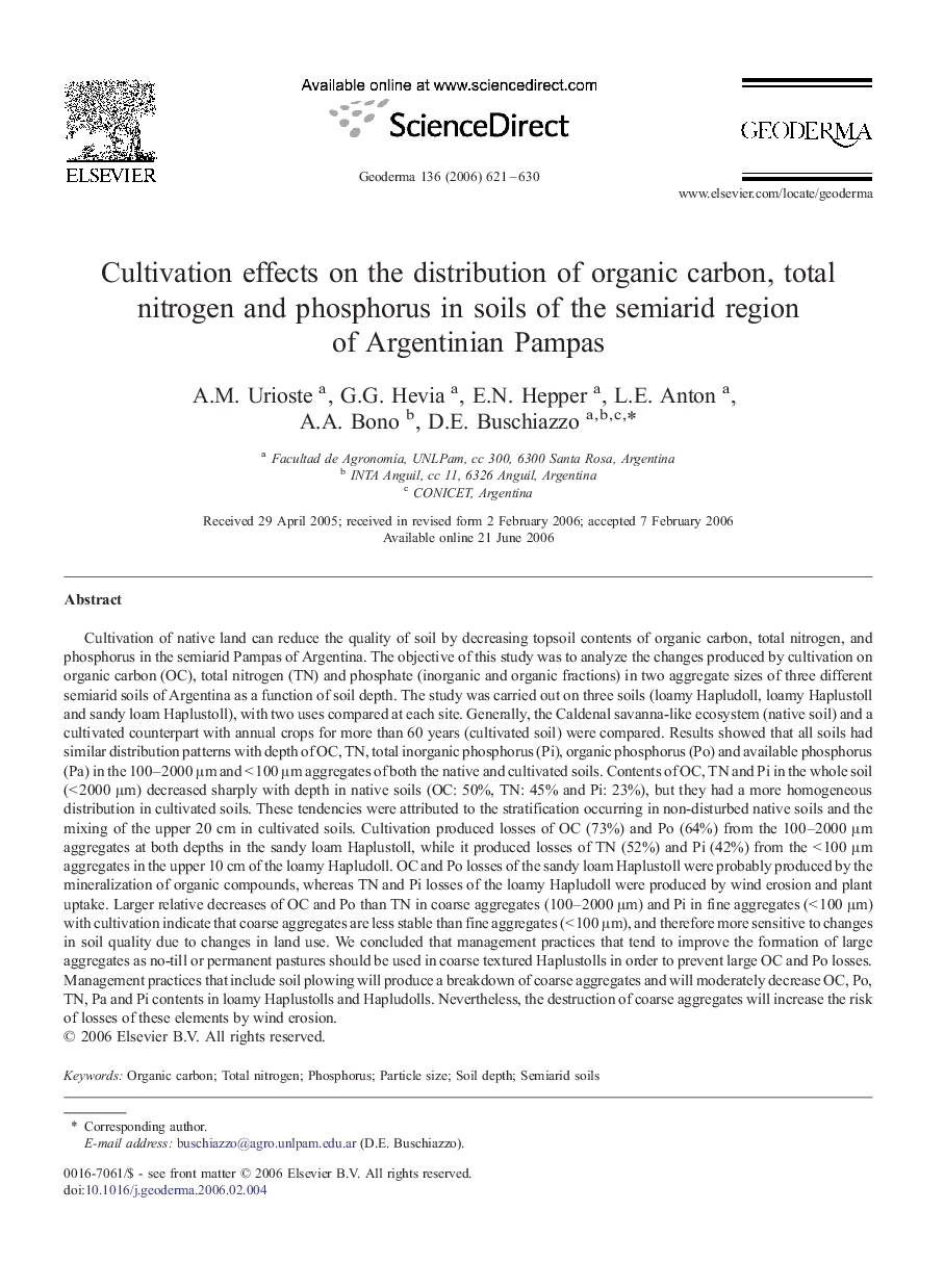 Cultivation effects on the distribution of organic carbon, total nitrogen and phosphorus in soils of the semiarid region of Argentinian Pampas