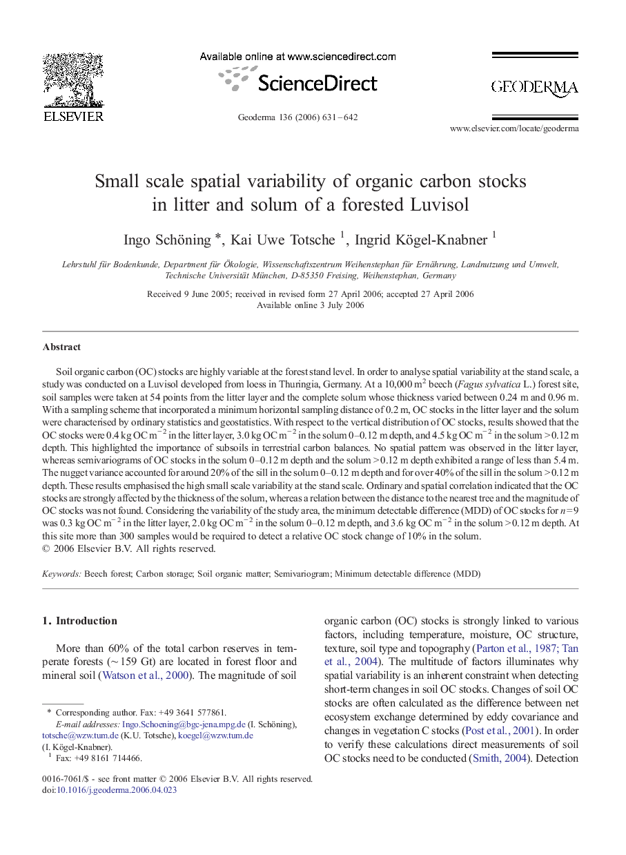 Small scale spatial variability of organic carbon stocks in litter and solum of a forested Luvisol