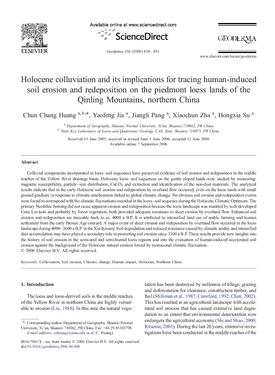 Holocene colluviation and its implications for tracing human-induced soil erosion and redeposition on the piedmont loess lands of the Qinling Mountains, northern China