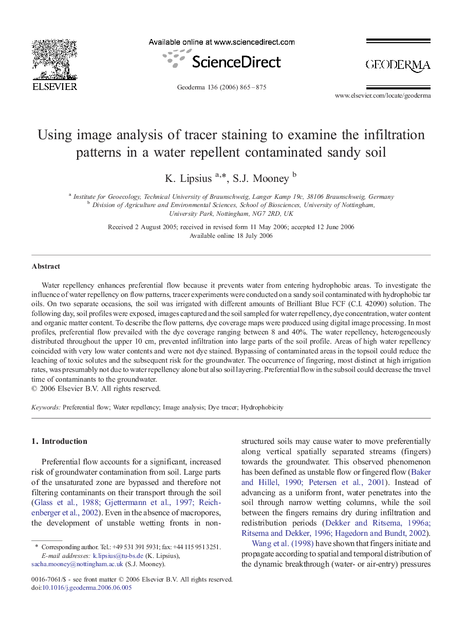 Using image analysis of tracer staining to examine the infiltration patterns in a water repellent contaminated sandy soil