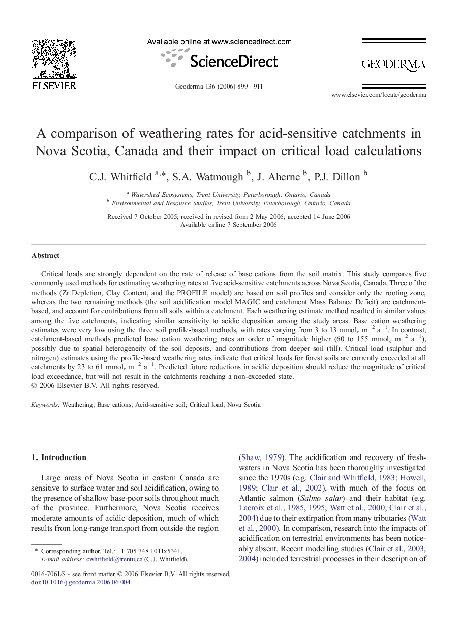 A comparison of weathering rates for acid-sensitive catchments in Nova Scotia, Canada and their impact on critical load calculations