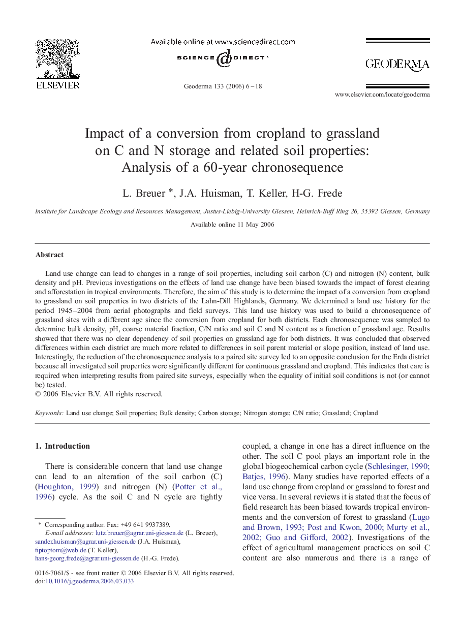 Impact of a conversion from cropland to grassland on C and N storage and related soil properties: Analysis of a 60-year chronosequence