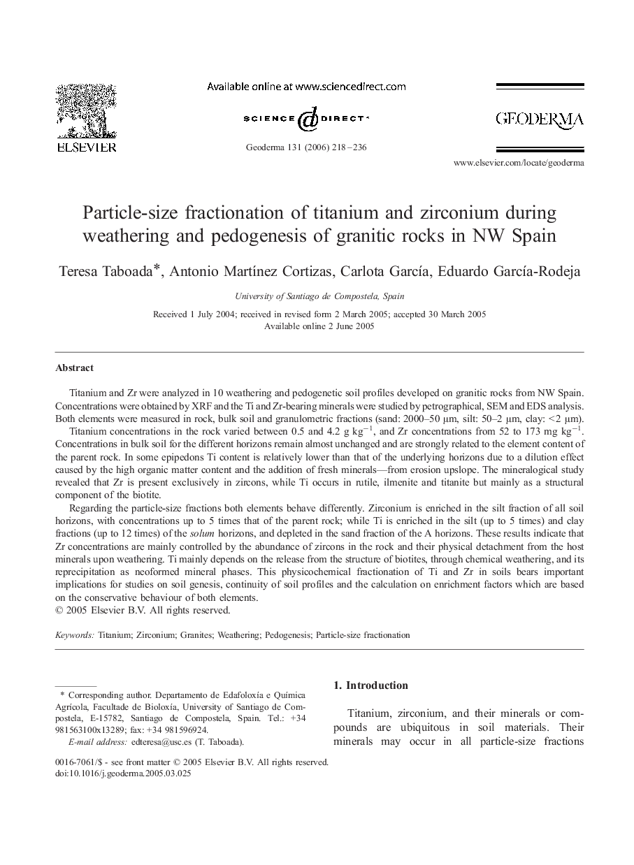 Particle-size fractionation of titanium and zirconium during weathering and pedogenesis of granitic rocks in NW Spain