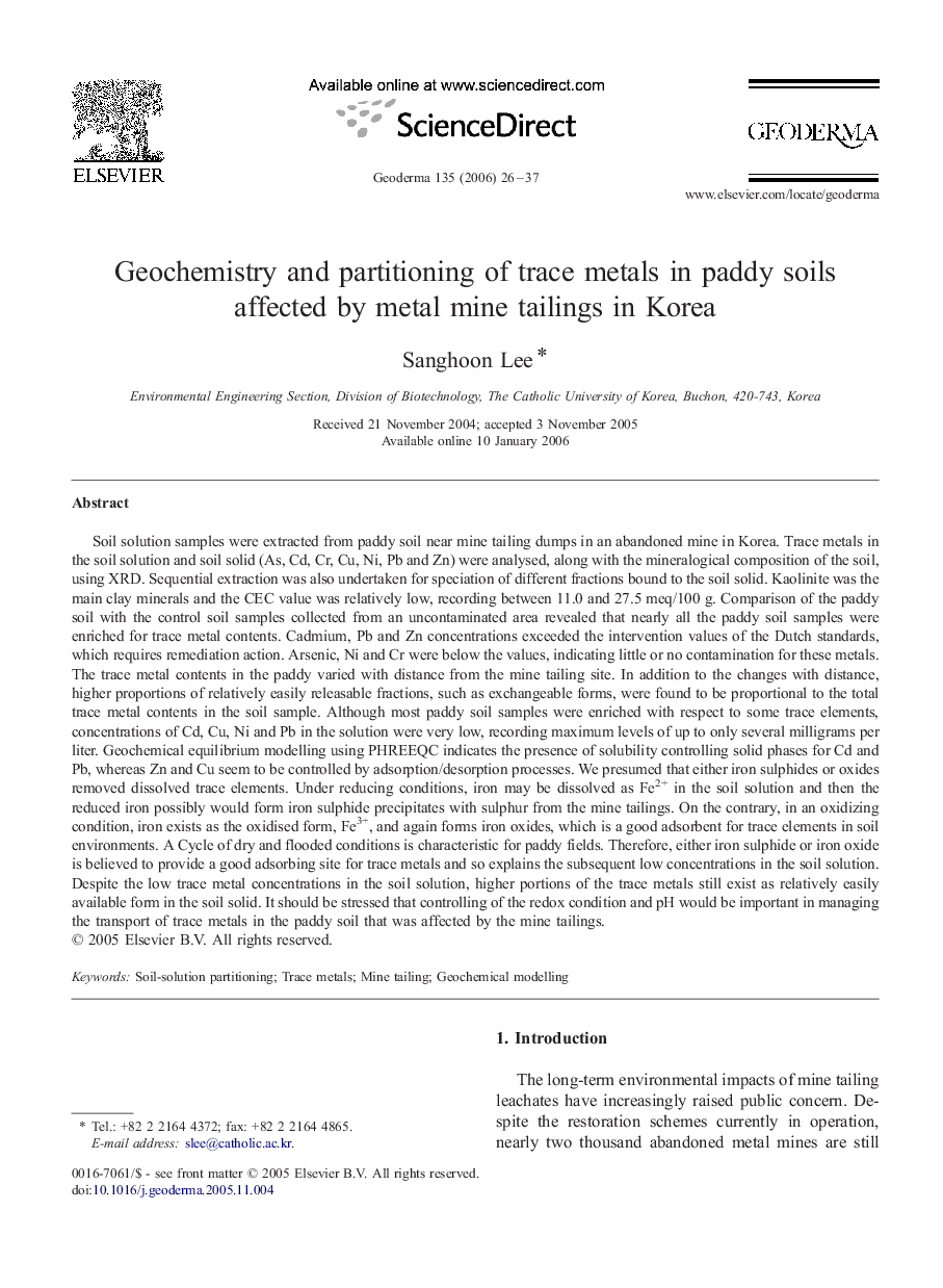 Geochemistry and partitioning of trace metals in paddy soils affected by metal mine tailings in Korea