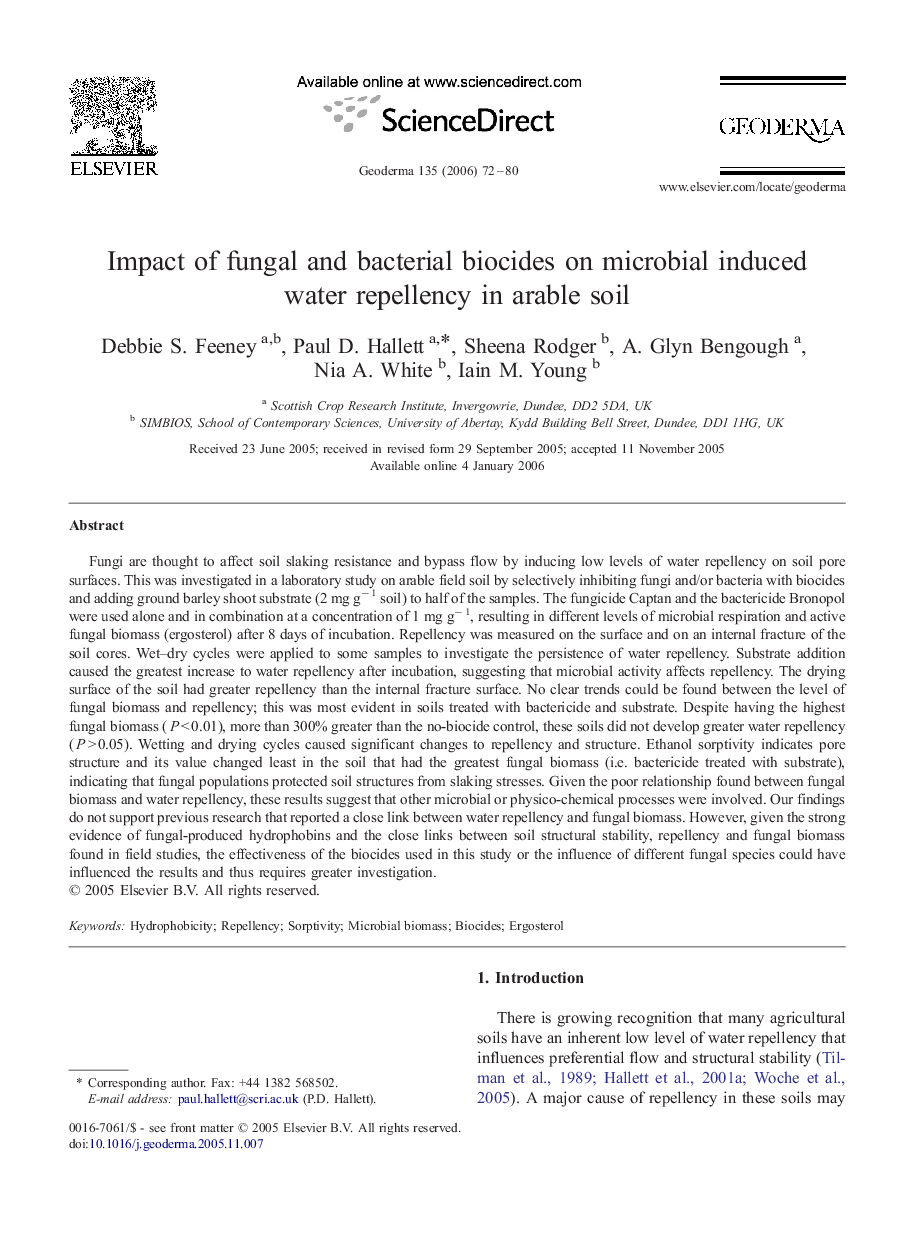 Impact of fungal and bacterial biocides on microbial induced water repellency in arable soil