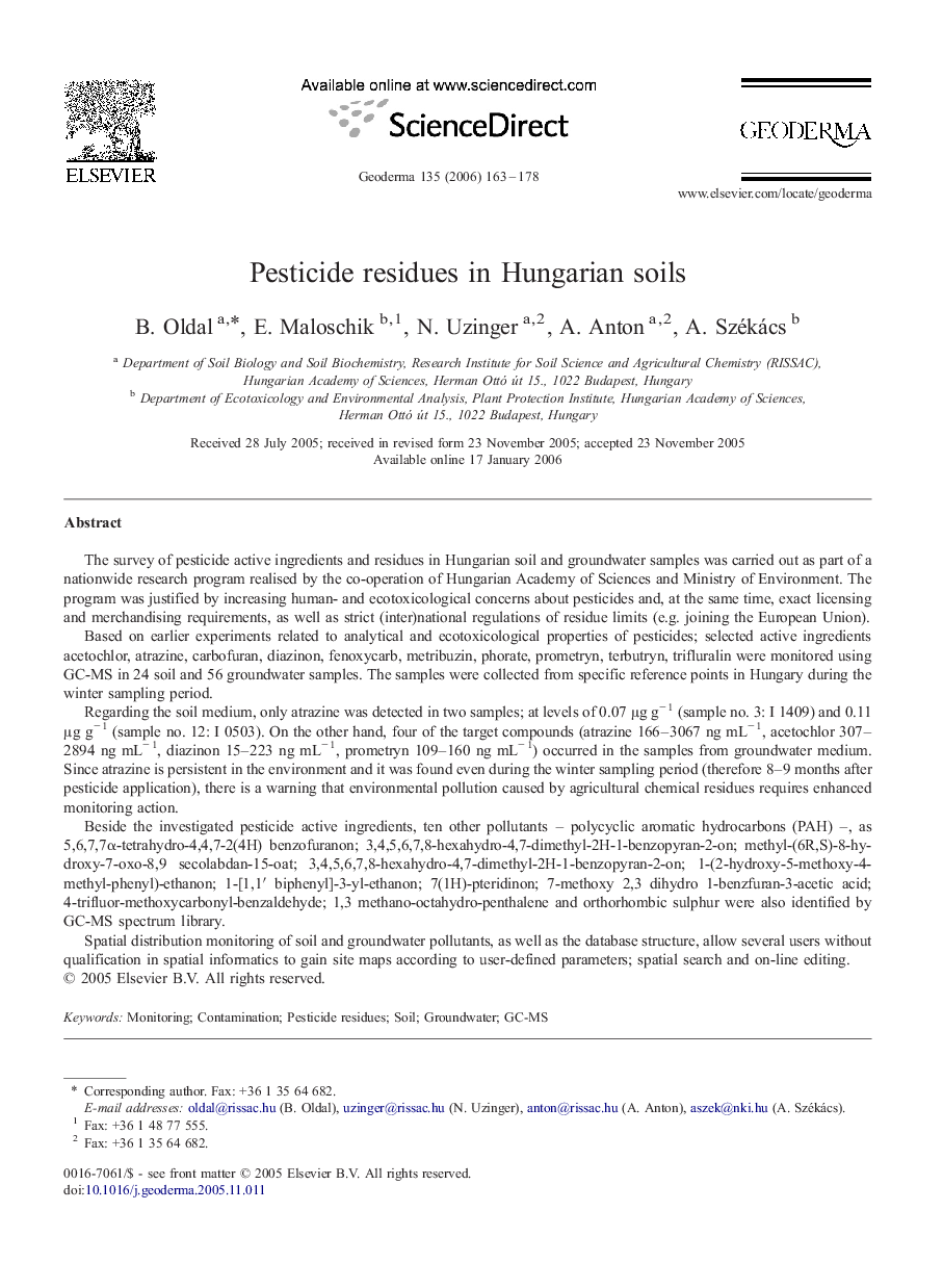 Pesticide residues in Hungarian soils