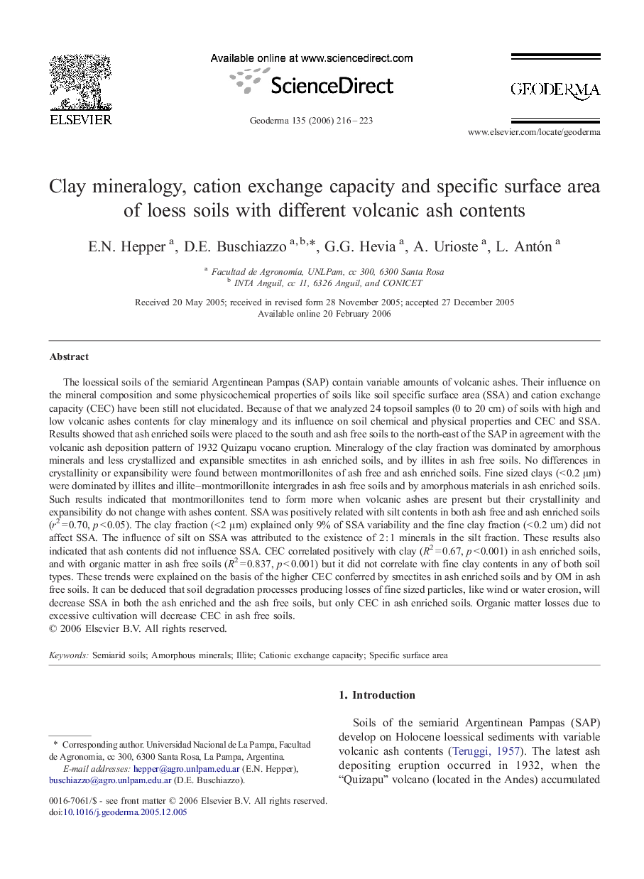 Clay mineralogy, cation exchange capacity and specific surface area of loess soils with different volcanic ash contents