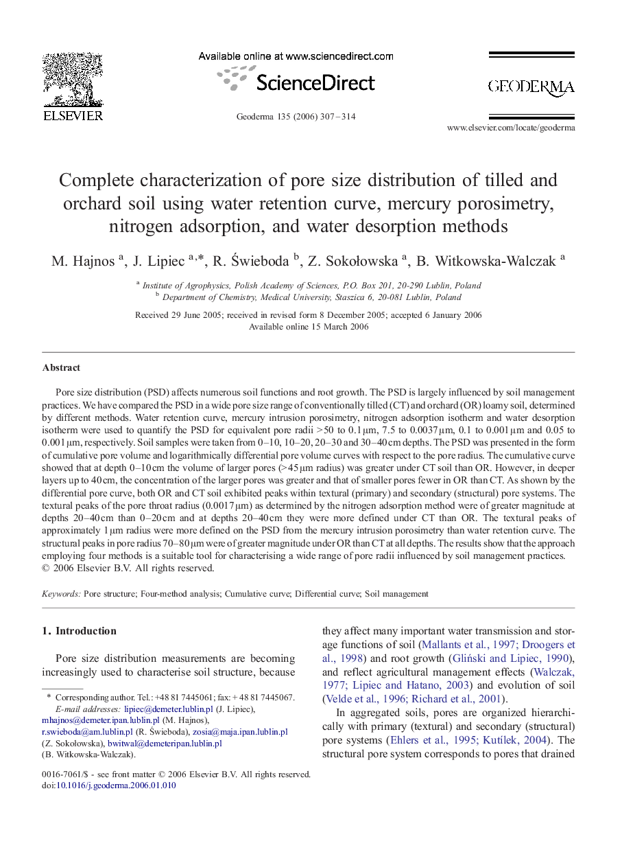 Complete characterization of pore size distribution of tilled and orchard soil using water retention curve, mercury porosimetry, nitrogen adsorption, and water desorption methods