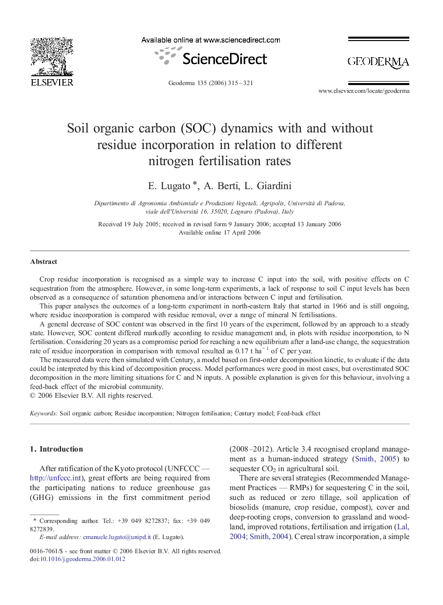 Soil organic carbon (SOC) dynamics with and without residue incorporation in relation to different nitrogen fertilisation rates