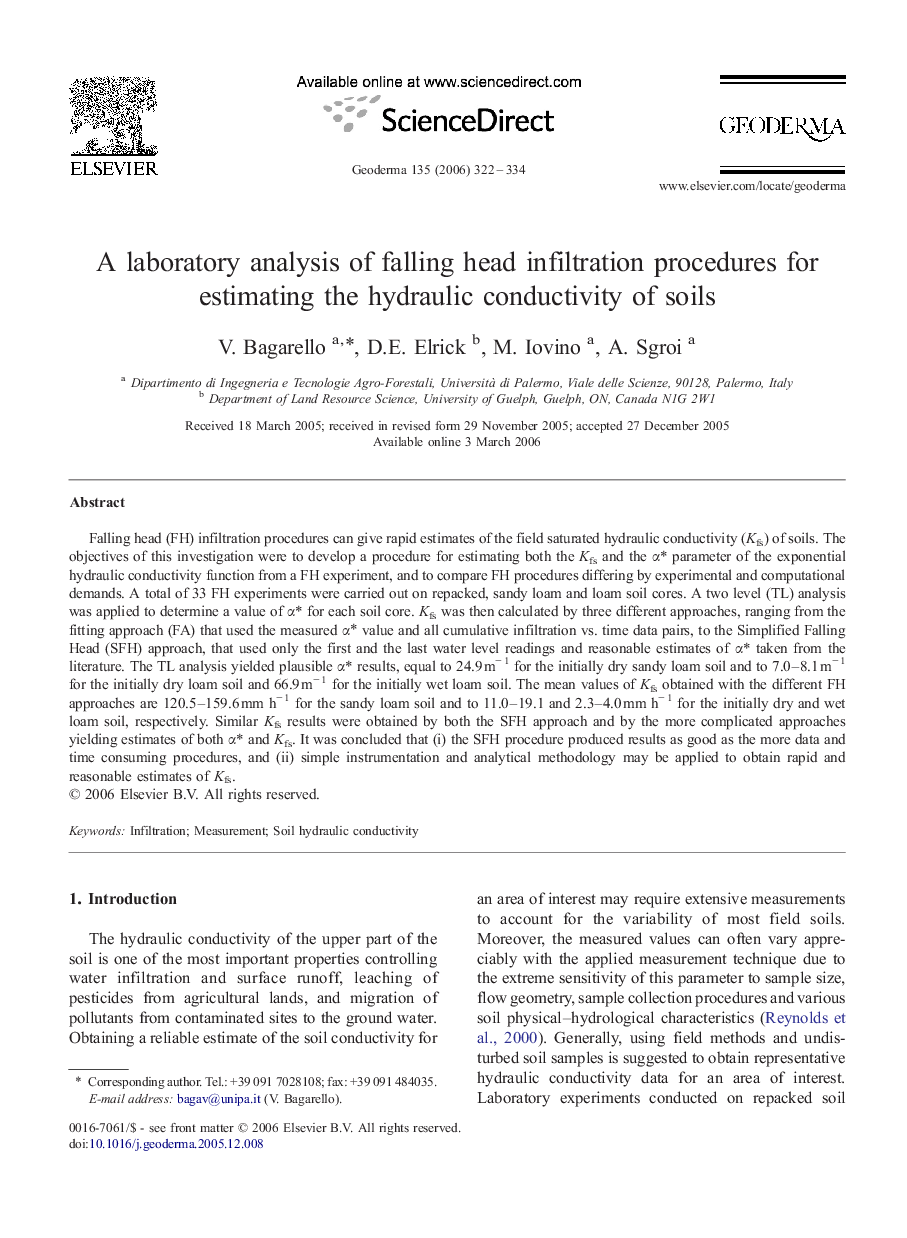 A laboratory analysis of falling head infiltration procedures for estimating the hydraulic conductivity of soils