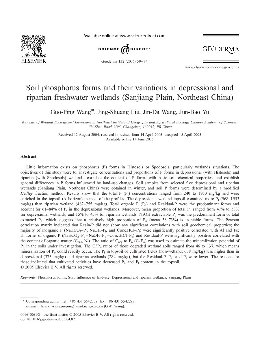 Soil phosphorus forms and their variations in depressional and riparian freshwater wetlands (Sanjiang Plain, Northeast China)